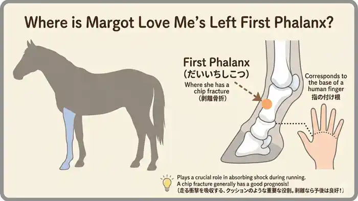 馬の左第1指骨剥離骨折の部位を示す解説図。人間の指の付け根と比較して、衝撃吸収の役割を説明。