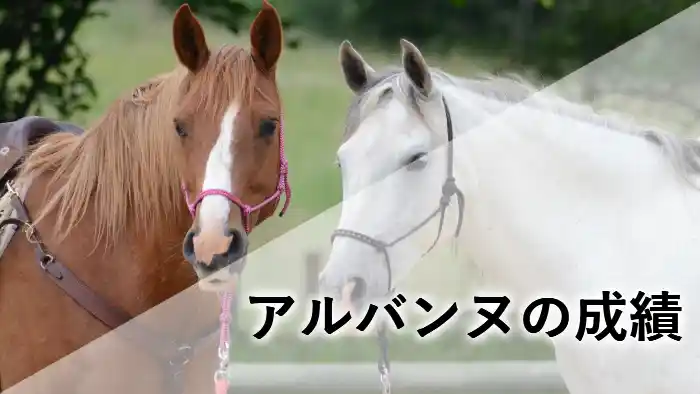 ブログ記事のアイキャッチ画像です。画面左側に栗毛馬、中央に白馬の顔が配置されています。