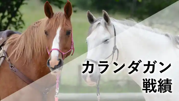カランダガンの戦績と性格を解説するアイキャッチ画像。茶色と白の2頭の馬が並んでいる背景に「カランダガン戦績」の文字。