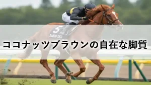 芝コースを力走する鹿毛の競走馬ココナッツブラウンと、文字入れ「ココナッツブラウンの自在な脚質」