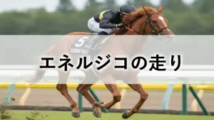 レースで疾走する競走馬のイメージと共に「エネルジコの走り」と記載された記事アイキャッチ画像