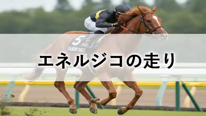 レースで疾走する競走馬のイメージと共に「エネルジコの走り」と記載された記事アイキャッチ画像