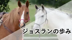 牧場で放牧されている競走馬ジョスランと仲間の風景。「ジョスランの歩み」の文字入りアイキャッチ。