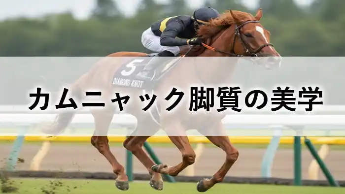ターフを駆け抜ける競走馬カムニャックと、背中にまたがるジョッキー。背景は競馬場。白いベールがかかったデザインで、「カムニャック 脚質の美学」の文字。