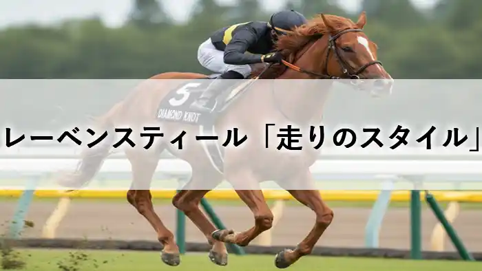 ターフを駆け抜けるレーベンスティールと「走りのスタイル」の文字