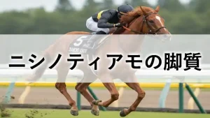 芝コースを力強く走る競走馬の姿に「ニシノティアモの脚質」という文字が入ったアイキャッチ画像。