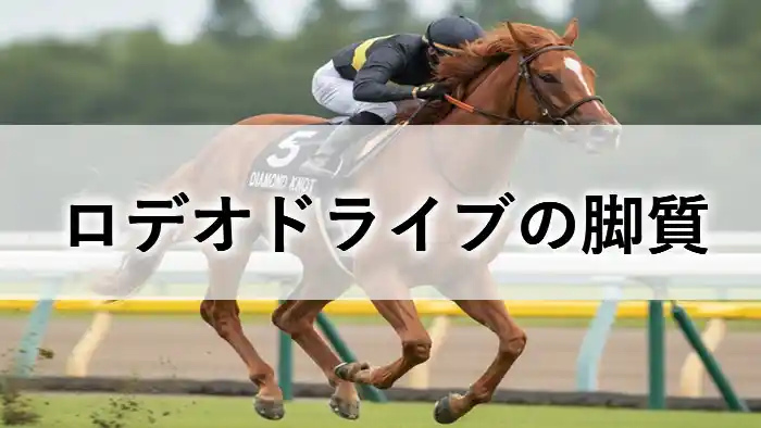 芝コースを力強く走る競走馬ロデオドライブのアイキャッチ画像。「ロデオドライブの脚質」という文字入り。