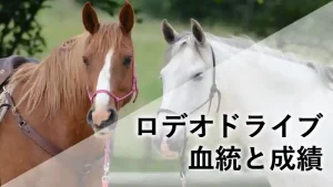 競走馬ロデオドライブの横顔と、血統背景をイメージさせる白馬が重なったアイキャッチ画像。「ロデオドライブ 血統と成績」という文字入り。