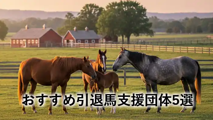 放牧地で過ごす引退馬たちと「おすすめ引退馬支援団体5選」のアイキャッチ画像