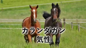 「カランダガン 気性」と書かれた、草原を走る2頭の馬のアイキャッチ画像