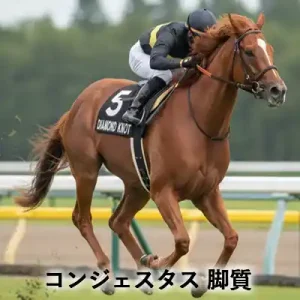 競走馬と騎手の写真に「コンジェスタス 脚質」の文字を入れたアイキャッチ画像