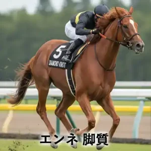 騎手を背に競馬場を走る茶色い競走馬と「エンネ 脚質」の文字を入れたアイキャッチ画像