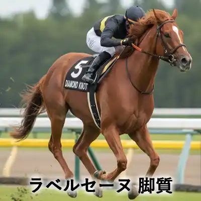 競馬場を走る栗毛の競走馬と騎手、「ラベルセーヌ 脚質」の文字が入ったアイキャッチ画像