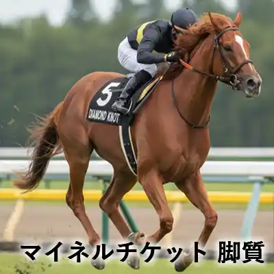 競馬場の芝コースを騎手を乗せて走る茶色の競走馬。「マイネルチケット 脚質」の文字入りアイキャッチ画像。
