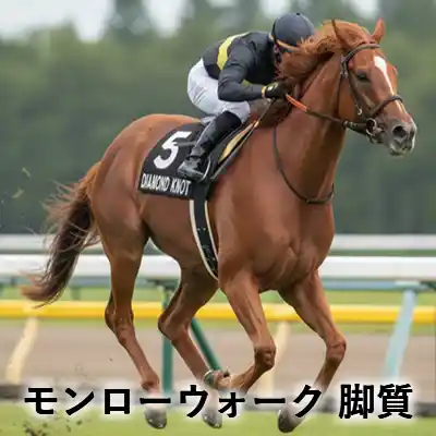 栗毛の競走馬に騎手が騎乗して走る様子を写した「モンローウォーク 脚質」のアイキャッチ画像。